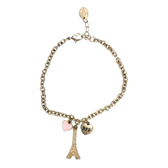 Claires Gold Tone Eiffel Tower BFF Heart Charm Bracelet Adjustable Lobster Clasp - Picture 1 of 7